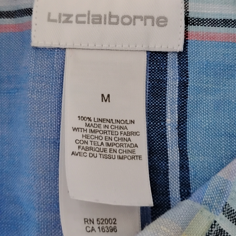 Liz Claiborne Linen Blue Plaid Button Up Shirt 3/4 Sleeves Coastal Size Medium - Picture 12 of 14